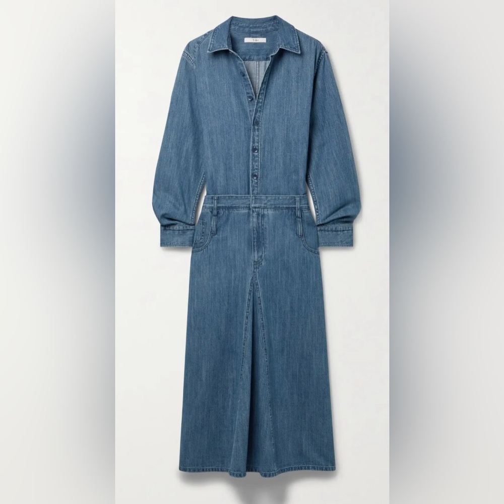 NWT TIBI Paneled Denim Midi Shirt Dress - Picture 2 of 8